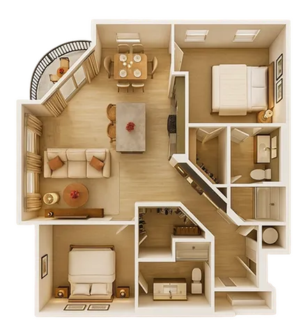 Elegant 2D floor plan showcasing a cozy two-bedroom apartment, complete with a stylish open-concept living and dining area, a modern kitchen, and comfortable bathrooms.