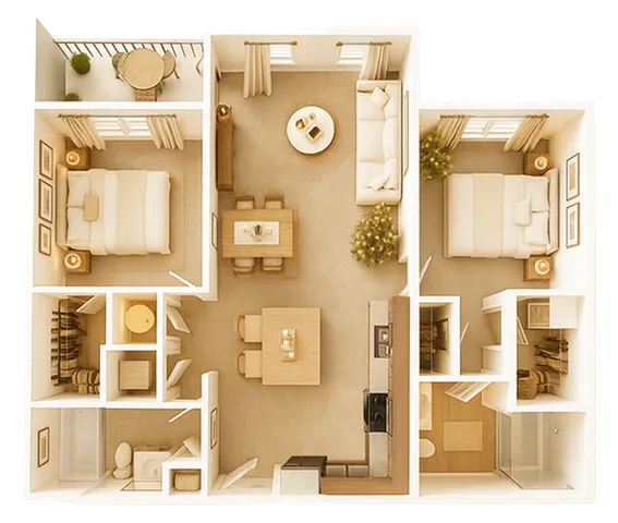 Elegant floor plan featuring two bedrooms, open-concept living and dining area, a modern kitchen, and two bathrooms, with a charming balcony view.