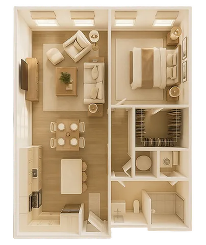 Charming open-concept floor plan featuring one bedroom, a cozy living room, modern kitchen with dining area, and a spacious bathroom.