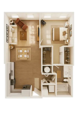 Charming 2D floor plan showcasing a cozy 1 bedroom, spacious living room with elegant furnishings, dining area, and modern kitchen.