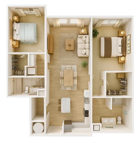 Elegant 3D floor plan showcasing 2 spacious bedrooms, stylish open living and dining area, plus a fully-equipped kitchen.