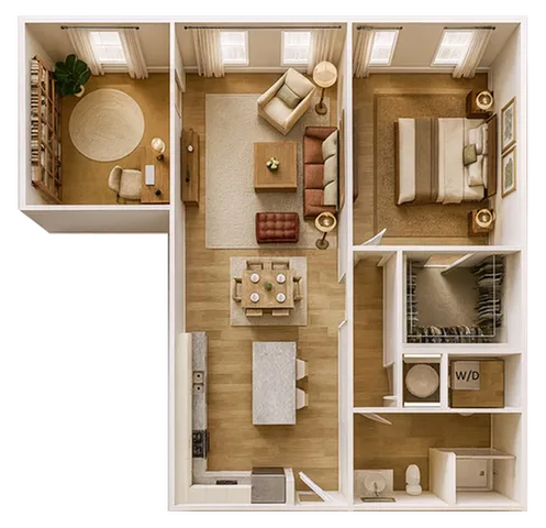 Charming floor plan featuring an inviting living area, cozy bedroom, modern kitchen, and stylish study nook.