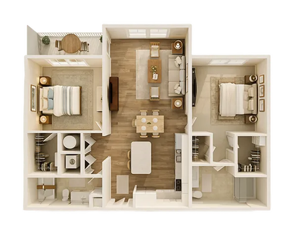 Beautiful and welcoming 3D floor plan showcasing 2 spacious bedrooms, a stylish open-concept living and dining area, modern kitchen, and private patio.