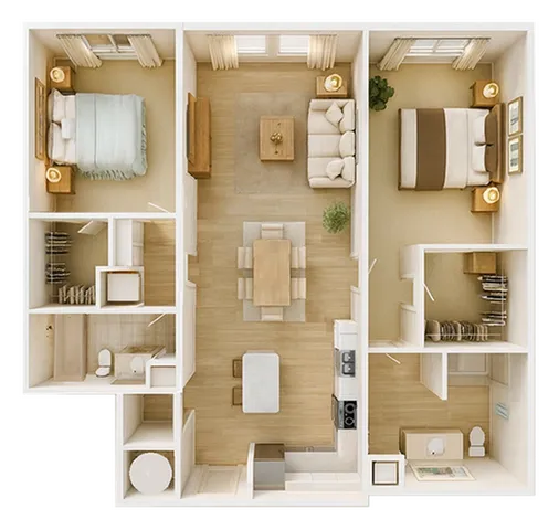 Modern floor plan showcasing two airy bedrooms, a cozy living room, dining area, and efficient kitchen with ample storage.
