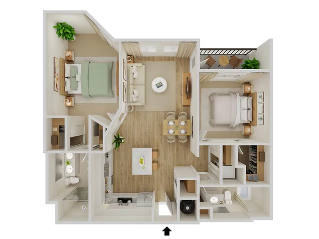 Modern floor plan illustrating 2 bedrooms, a sleek open living room, and a contemporary kitchen with a dining area, offering a harmonious blend of comfort and style.