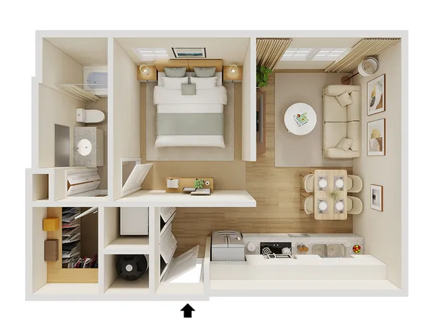 Chic 2D floor plan showcasing a cozy one-bedroom apartment with a modern kitchen, elegant living area, and compact bathroom.