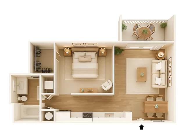 Chic 1-bedroom floor plan featuring a cozy living area, modern kitchen, elegant bathroom, and a private balcony for relaxation.