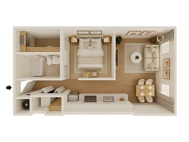 Elegant 1-bedroom floor plan showcasing a modern open-concept kitchen and cozy living area, ideal for urban living.