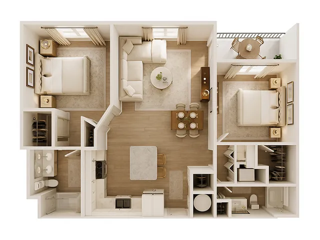 Elegant apartment floor plan with 2 bedrooms, cozy living area, modern kitchen, and inviting balcony.