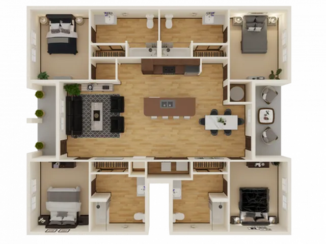 Modern 3D floor plan showcasing 3 bedrooms, an open living room, stylish kitchen, and elegant dining area with abundant natural light.
