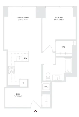 Modern floor plan with spacious living/dining area, cozy bedroom, functional kitchen, and additional den. Includes walk-in closet and laundry space.