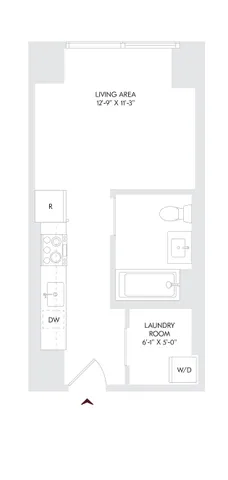 Avira Residence 9 floor plan showcasing a modern studio layout with a spacious living area, laundry room, and bathroom, available on floors 10-23.