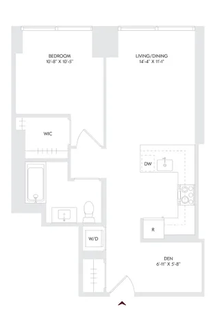 Modern floor plan of Avira Residence 16 featuring 1 bedroom, den, open living/dining area, and streamlined kitchen. Includes a walk-in closet and laundry area. Available on floors 10-27.