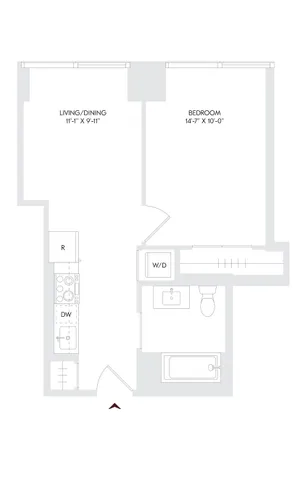 Avira Residence 7 floor plan showcases a modern 1-bedroom, 1-bath layout with open living and dining space, featuring compact kitchen and convenient washer/dryer area.