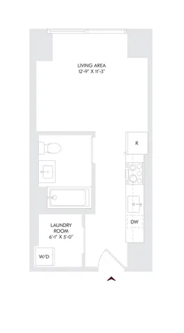Modern studio floor plan highlighting an open living area, efficient kitchen with dishwasher, and a convenient laundry room, located on floors 10-23 of Avira in Philadelphia.