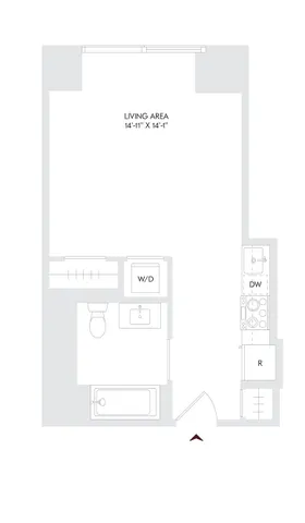 Contemporary studio apartment floor plan at Avira Residence 6, featuring an open living area, modern kitchen, and convenient washer/dryer setup, perfect for stylish city living on floors 10-23.