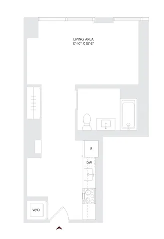 Modern studio apartment floor plan featuring a spacious living area, kitchen with appliances, and a sleek bathroom. Located on floors 10-23 with convenient amenities.
