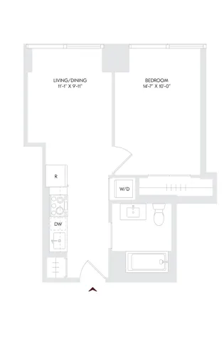 Avira Residence 7 modern floor plan featuring 1 bedroom, open-concept living and dining area, kitchen with appliances, and convenient bath. Located on floors 10-23 in Philadelphia.