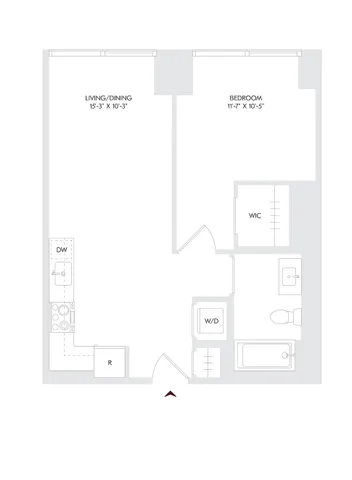 Residence 11 floor plan showcasing 1 bedroom and 1 bath with a spacious living/dining area, walk-in closet, and modern kitchen on floors 10-23 at Avira Living.