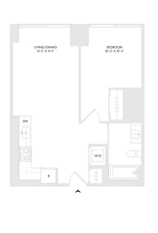 Avira Residence 5 floor plan showcasing a chic 1 bedroom, 1 bath layout with an open-concept living and dining area, modern kitchen, and convenient in-unit washer and dryer.