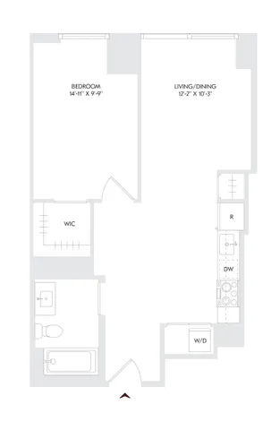 Avira Residence 1 floor plan showcasing a modern 1 bedroom, 1 bath layout with open living/dining area, efficient kitchen space, and walk-in closet. Perfect urban living.