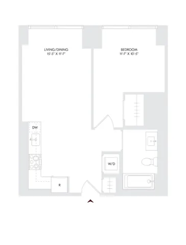 Elegant floor plan for Avira Residence 5 showcasing 1 bedroom and 1 bath with an open living/dining area, located on floors 24-27.