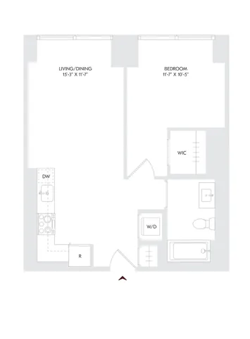 Avira residence 11 floor plan showcasing 1 bedroom, stylish living/dining area, and modern kitchen, located on floors 24-27. Ideal for urban living.