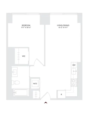Modern floor plan for Avira Residence 12 featuring 1 bedroom, 1 bath, with a spacious living and dining area spanning floors 10-27. Includes walk-in closet and convenient washer/dryer setup.