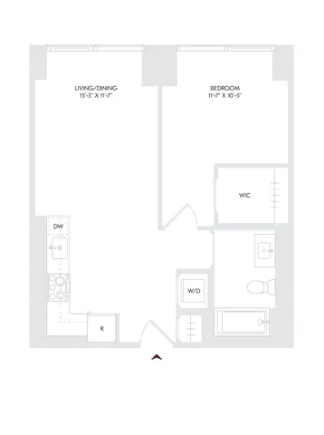 Avira Residence 13 one-bedroom floor plan showcasing modern living with open living/dining area, walk-in closet, and well-appointed kitchen.