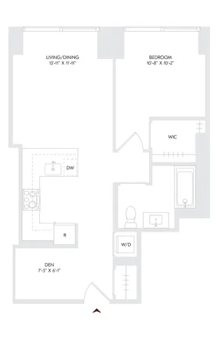Avira Residence 18 floor plan showcasing a sleek 1-bedroom, open den, and full bath layout on floors 10-23, ideal for modern living in Philadelphia.