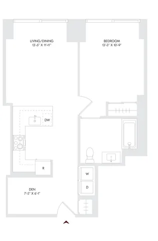 Avira Residence 2 floor plan on Floor 10 featuring 1 bedroom, a den, and 1 bath with a spacious living/dining area.