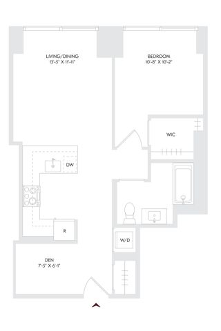 Elegant Residence 2 floor plan featuring 1 bedroom, a cozy den, open living/dining area, and spacious walk-in closet on floors 11-16 and 18-23.