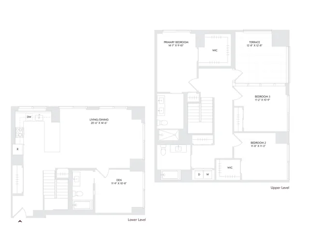 Avira Residence 4 floor plan with 3 bedrooms, a cozy den, 3 baths, and a spacious terrace. Includes an open-concept living and dining area, modern kitchen, and walk-in closets on two levels.