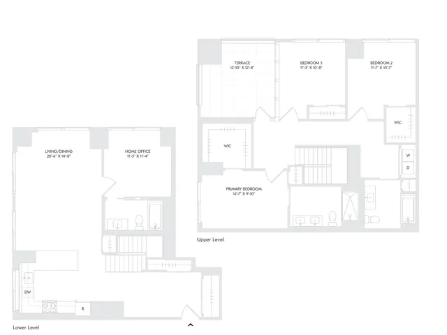 Elegant two-story floor plan for Avira Residence 15, featuring 3 spacious bedrooms, a den, 3 luxurious baths, and a charming terrace on floors 27-28.