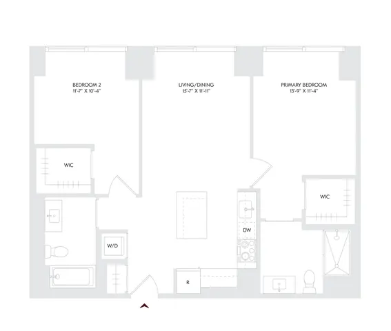 Avira Residence 6 floor plan with 2 bedrooms, 2 bathrooms, open living and dining area, modern kitchen, and walk-in closets, located on floors 24-27.