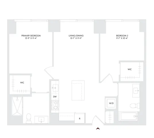 Avira Residence 10 floor plan showcasing a modern 2 bedroom, 2 bath layout with a spacious living/dining area, located on floors 24-27. Features include walk-in closets, in-unit washer/dryer, and contemporary kitchen.