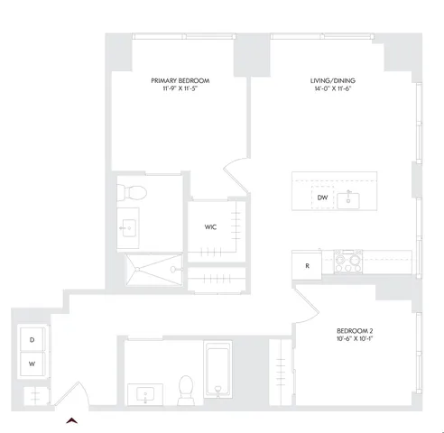 AIRA Residence 3 floor plan showcasing a modern 2 bedroom, 2 bathroom layout with open living/dining area and spacious kitchen, located on floors 10-26.
