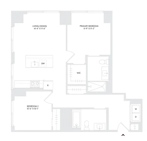 Elegant Avira Residence 15 floor plan with 2 bedroom, 2 bath layout featuring open living/dining area and modern kitchen, located on floors 11-26.