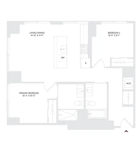 Elegant Avira Residence 14 floor plan showcasing 2 spacious bedrooms, 2 modern bathrooms, and an open living/dining area with a contemporary kitchen island.