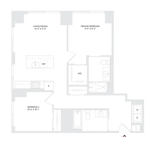 Avira Residence 15 floor plan featuring 2 bedrooms, 2 bathrooms, open living/dining area on Floor 10, designed for modern urban living in Philadelphia.