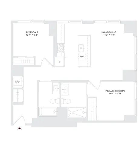 Avira Residence 4 floor plan featuring 2 bedrooms, spacious living/dining area, and modern kitchen. Available on floors 10-26. Ideal urban living layout.