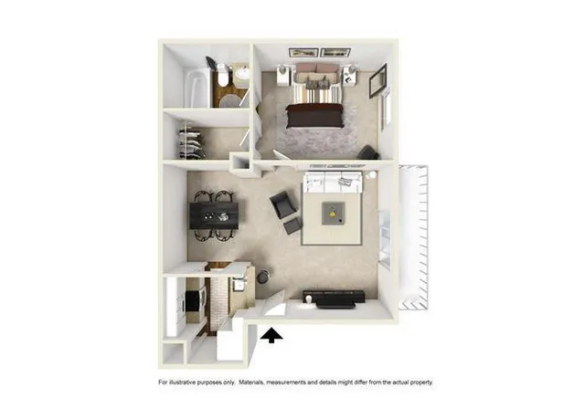 Modern 3D floor plan showcasing a spacious one-bedroom apartment with a luxurious bathroom, open-concept living and dining area, and a cozy balcony.