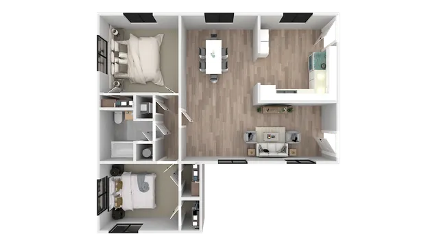 Modern 3D floor plan showcasing 2 cozy bedrooms, a sleek open kitchen, elegant dining area, and inviting living room.