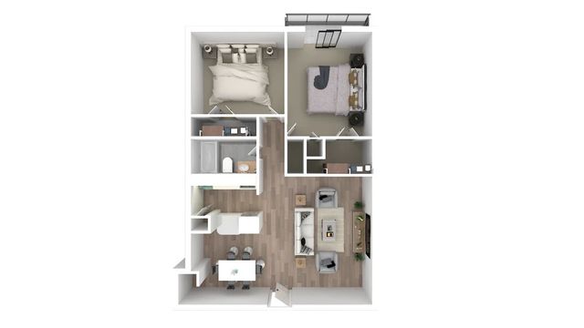 Contemporary floor plan highlighting 2 bedrooms, open living area, modern kitchen, and cozy dining space.