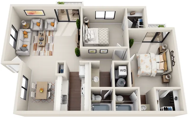 Modern 3D floor plan featuring 2 spacious bedrooms, an inviting living room, and a sleek kitchen with dining area. Includes two bathrooms and balcony access for a perfect blend of comfort and style.