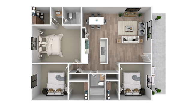 Modern 3-bedroom floor plan with an open living room, stylish kitchen, and elegant dining area. Spacious design perfect for comfortable living.