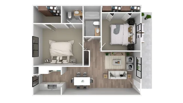 Modern floor plan showcasing 2 cozy bedrooms, spacious living area, and a functional kitchen, perfect for comfortable urban living.