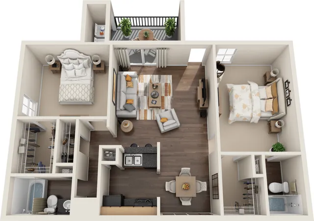 Elegant 3D floor plan showcasing 2 bedrooms, a cozy living room, modern kitchen, and stylish dining area with a charming balcony.