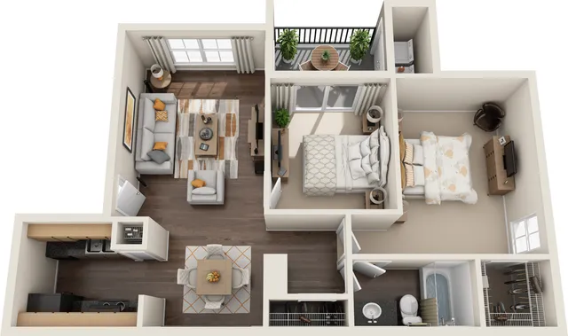 Charming 3D floor plan showcasing a cozy one-bedroom apartment with a modern kitchen, elegant living room, and private balcony.