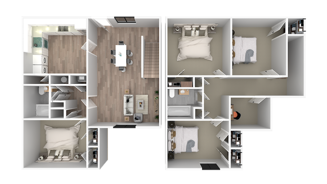 Contemporary 3D floor plan showcasing three bedrooms, open-concept living and dining area, modern kitchen, two bathrooms, and ample storage space.